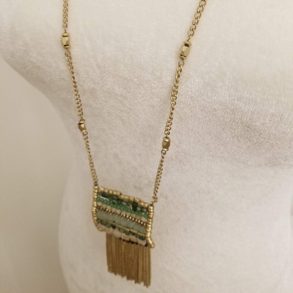 INC INTERNATIONAL CONCEPTS Beaded Square Tassel Necklace, Green/Gold - Picture 3 of 4